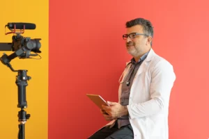 Ein Arzt vor einer Kamera referiert über ein Thema
