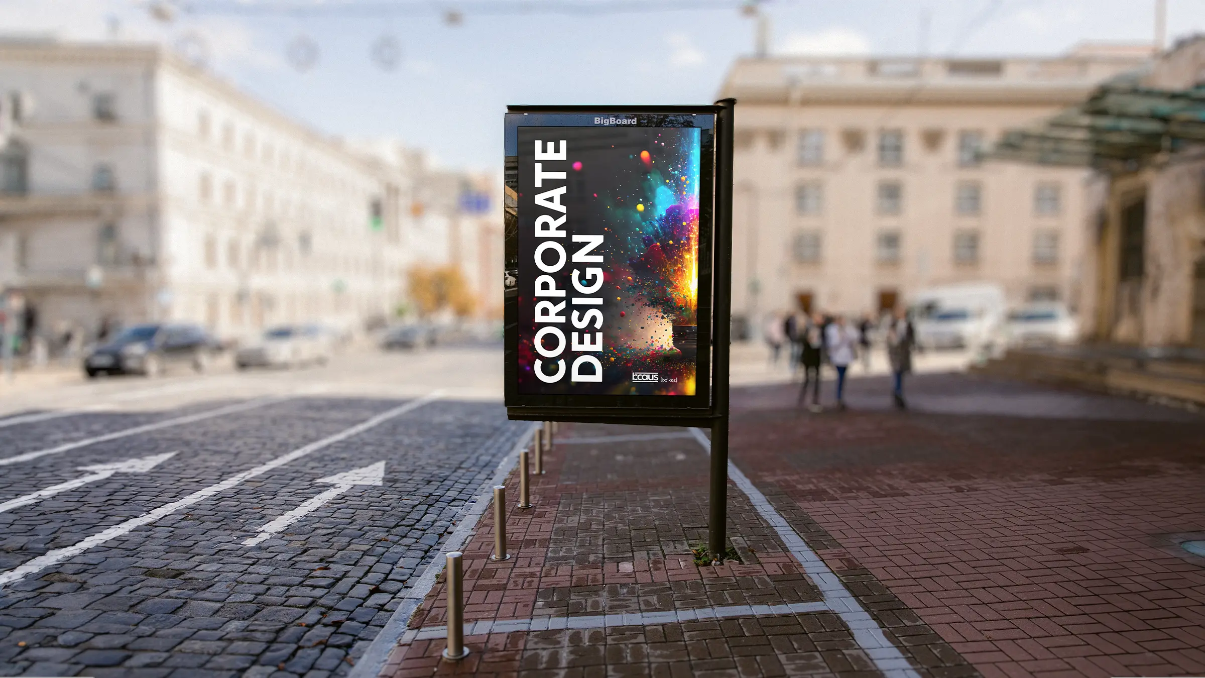 Ein Citylight am Straßenrand mit der BCAUS Kreativ-Explosion mit der Headline Corporate Design