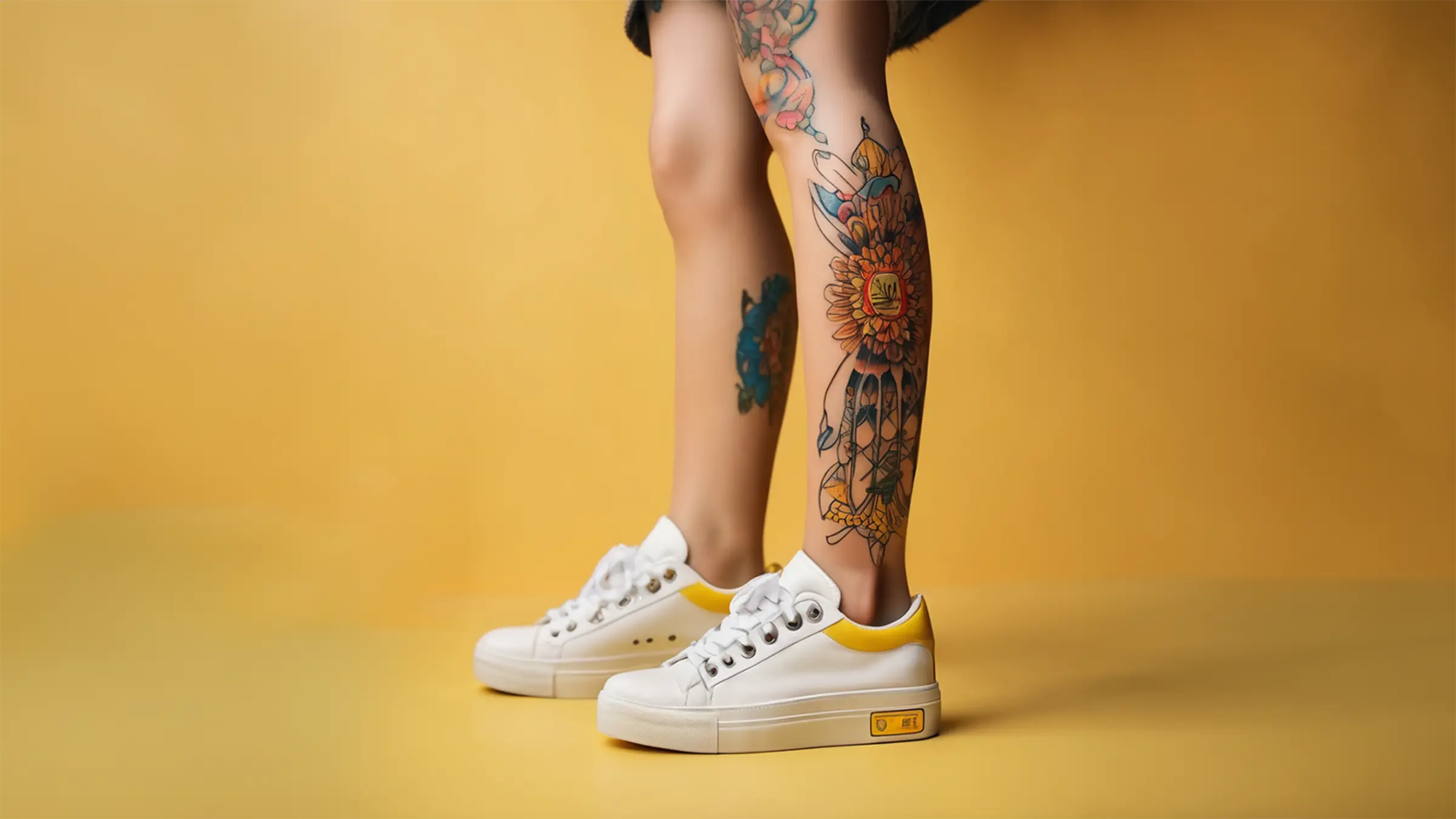 Bunt tätowierte Beine einer jungen Frau mit modernen Sneakers