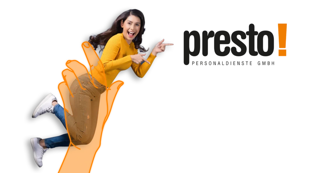 Strahlende junge Frau, die von einer stilisierten orangen Hand empor gehoben wird und auf das Presto-Logo zeigt