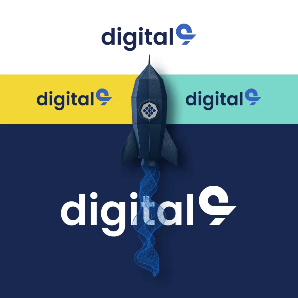 Eine grafische Rakete steigt empor – im Hintergrund das digital9-Logo