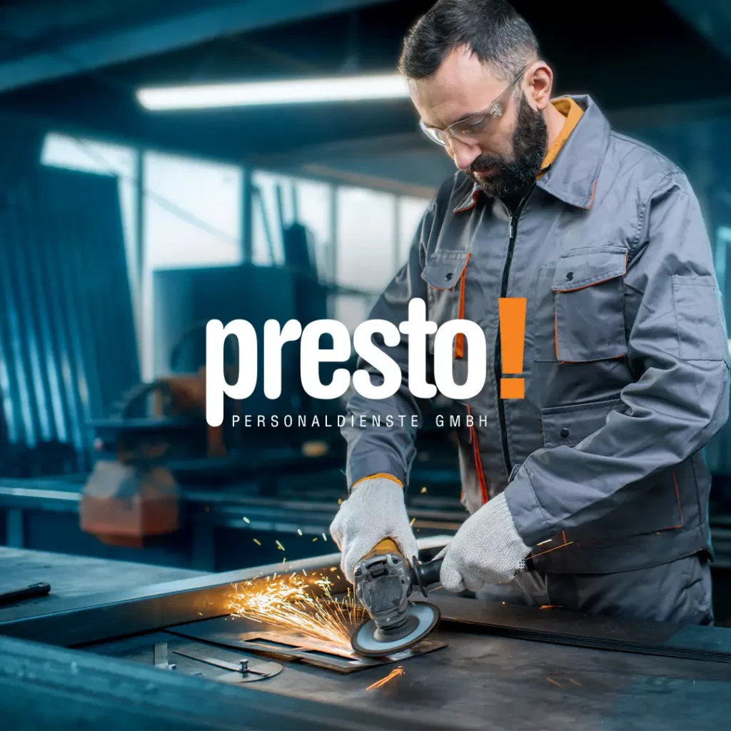 Schweißer, der eine Metallplatte bearbeitet – im Vordergrund das Presto-Logo