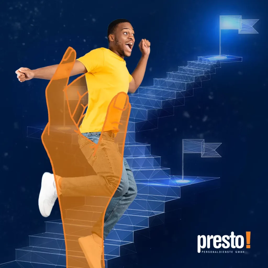 Eine orange Hand, die für den Personaldienstleister Presto steht, hebt einen jungen Mann die Karriereleiter nach oben – Im Vordergrund das Presto-Logo