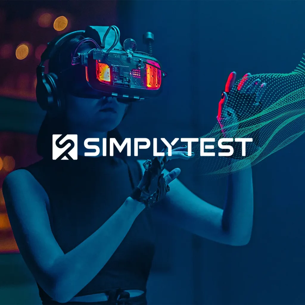 Eine junge Frau mit VR-Brille, aus deren Händen das Corporate-Element von Simplytest – eine wellenartige Punktestruktur entsteht – im Vordergrund das SimplaTest-Logo